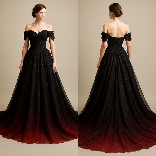 Black glittery wedding dress with long train. Made from chiffon, with corset top and back, with bottom fading into red. Wraparound shoulder sleeves