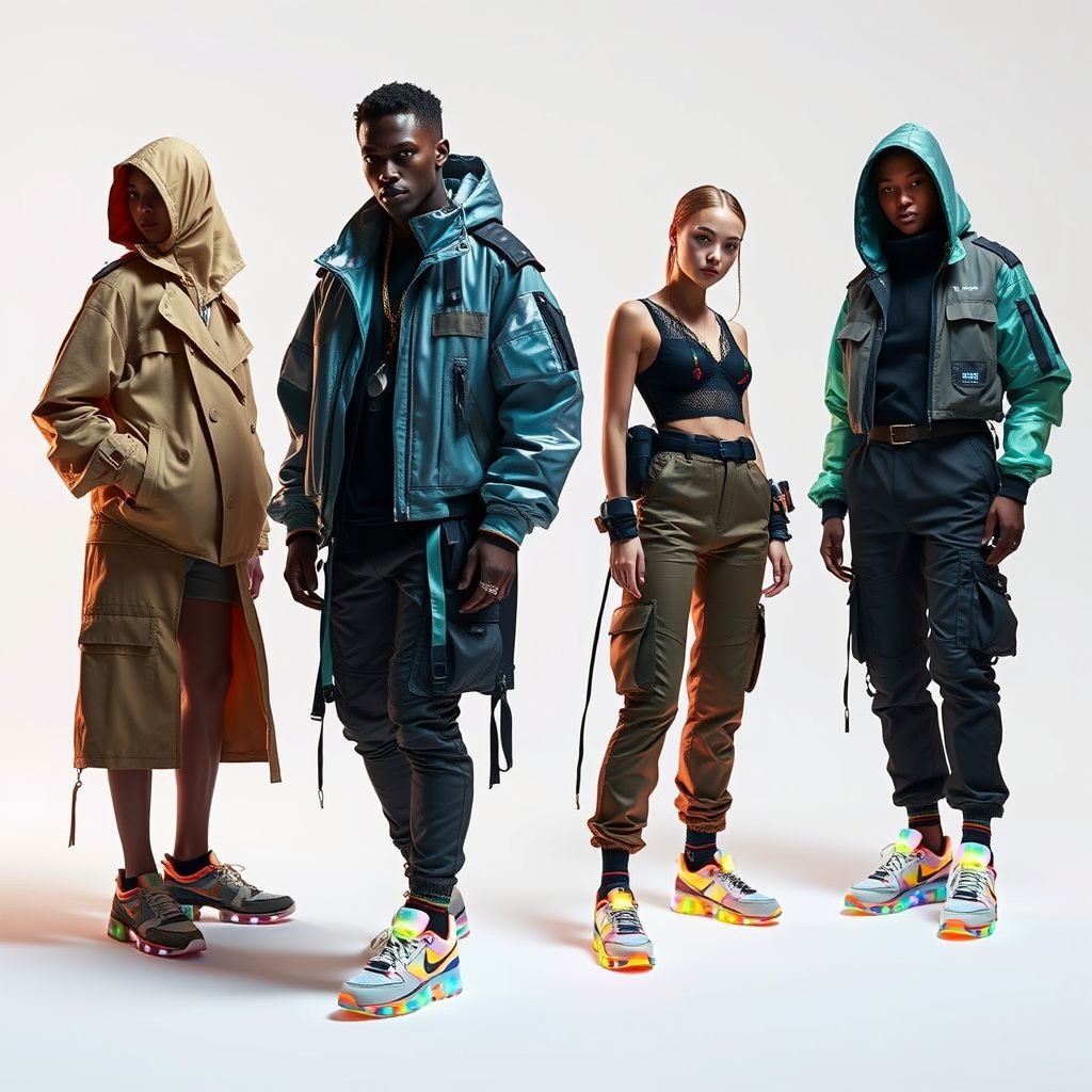 Dre’s
Dre’s: A futuristic streetwear collection blending utilitarian aesthetics with avant-garde silhouettes. Imagine oversized, asymmetrical jackets crafted from iridescent fabrics, layered with sleek, breathable mesh. High-waisted cargo pants equipped with LED accents complement holographic sneakers. Earthy tones contrasted with neon highlights create a striking visual harmony, perfect for urban explorations and underground gatherings.
