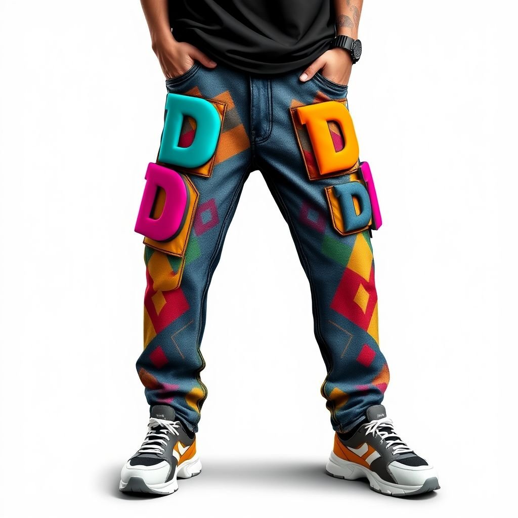 Men's Multi-Pocket Colorful Diamond Print Denim pants. On each pocket, put the letter “D” , a different color
Design a bold pair of men's streetwear denim pants featuring an eclectic mix of colorful diamond prints. Incorporate multiple oversized pockets adorned with vibrant, oversized letters “D” in contrasting colors to each pocket. Pair with a loose-fitting graphic tee and chunky sneakers for an effortlessly edgy urban look that stands out.
