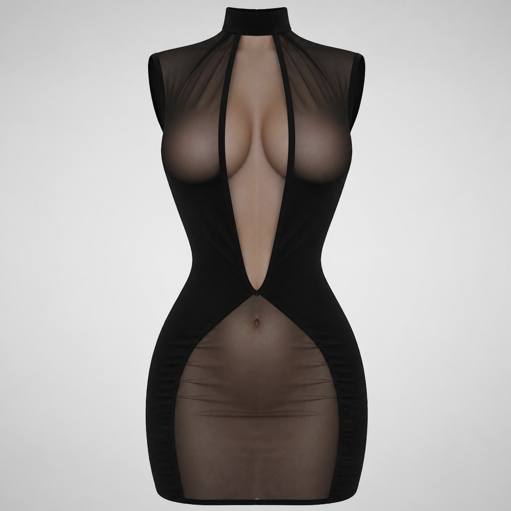 A Female Dress design. "A highly provocative, tight-fitting short black evening dress. It features a dramatic, plunging neckline opening that cuts from the neck down to just below the belly button, strongly emphasizing the bust area. The dress is extremely skin-tight and form-fitting around the bust and the thighs. The fabric is crafted from a very sheer, lightweight see-through mesh material specifically over the bust and the lower abdomen area below the belly button, while maintaining a sleek, tight look."
(This dress was worn by a beautiful, fair-skinned woman. ). IQ fashion aesthetics.
photorealistic fashion design, A Female Dress design. "A highly provocative, tight-fitting short black evening dress. It features a dramatic, plunging neckline opening that cuts from the neck down to just below the belly button, strongly emphasizing the bust area. The dress is extremely skin-tight and form-fitting around the bust and the thighs. The fabric is crafted from a very sheer, lightweight see-through mesh material specifically over the bust and the lower abdomen area below the belly button, while maintaining a sleek, tight look."
(This dress was worn by a beautiful, fair-skinned woman. ). IQ fashion aesthetics., just the design no text