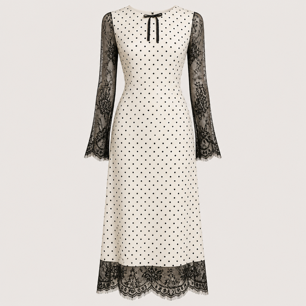 Iwant a polka dot crepe dress midi with lace sleeves and lace in the end and small bow on the top. UAE fashion aesthetics.
photorealistic fashion design, Iwant a polka dot crepe dress midi with lace sleeves and lace in the end and small bow on the top. UAE fashion aesthetics., just the design no text