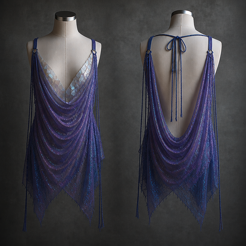 Das Perlmutt farbene weg aber dafür ein Dekolleté mit drin. Das Dekolleté soll Perlmutt Farben sein und ein lilafarbenen Tüll das schimmert in dunkelblau
edit the attached fashion design with these instructions: Das Perlmutt farbene weg aber dafür ein Dekolleté mit drin. Das Dekolleté soll Perlmutt Farben sein und ein lilafarbenen Tüll das schimmert in dunkelblau. keep it photorealistic, just the design no text