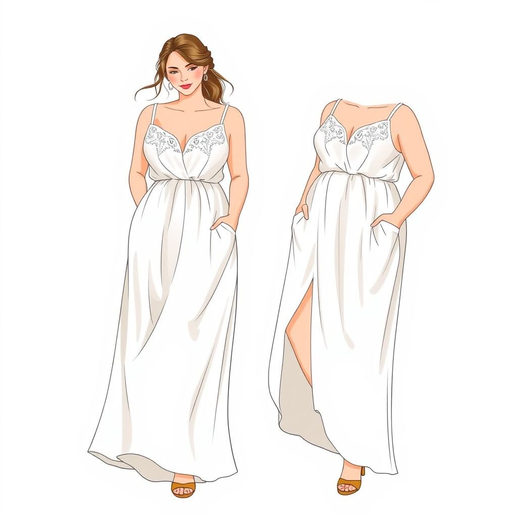 Hochzeitskleid plus size
Design a casual plus-size wedding dress that combines elegance with comfort. Imagine flowing, lightweight fabrics that drape effortlessly, featuring a relaxed silhouette with soft, lace accents. Incorporate playful elements like adjustable straps and pockets, allowing for easy movement. Create a look that's perfect for an outdoor celebration, blending romance with laid-back charm.