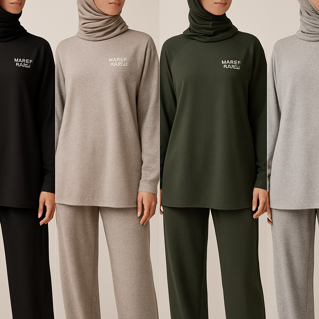 Create a revolutionary women's modest loose gym wear brand called "Modest Fleur". Display the brand name on the in a unique design on the upper right side, in small thick writing that exudes a classy and sophisticated vibe. I'd like four designs, each showcasing different styles and fabrics, with high-end, chic designs to make them truly special. Making it first design in the world
Create a revolutionary women's modest loose gym wear brand called "Modest Fleur". Display the brand name on the in a unique design on the upper right side, in small thick writing that exudes a classy and sophisticated vibe. I'd like four designs, each showcasing different styles and fabrics, with high-end, chic designs to make them truly special. Making it first design in the world