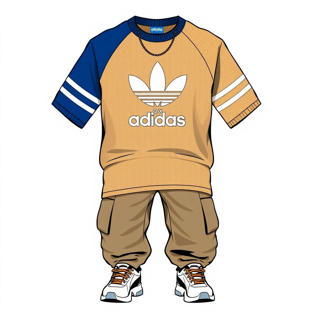 A blue and beige two toned crochet shirt, that says “DV X Adidas” on it, with 3stripes
Design a bold streetwear ensemble featuring a two-toned crochet shirt in deep cobalt blue and sandy beige. The graphic “DV X Adidas” dominates the front, paired with iconic three stripes accentuating the sleeves. Layered with oversized cargo pants and chunky sneakers, this look captures the edgy, urban vibe of contemporary street fashion.