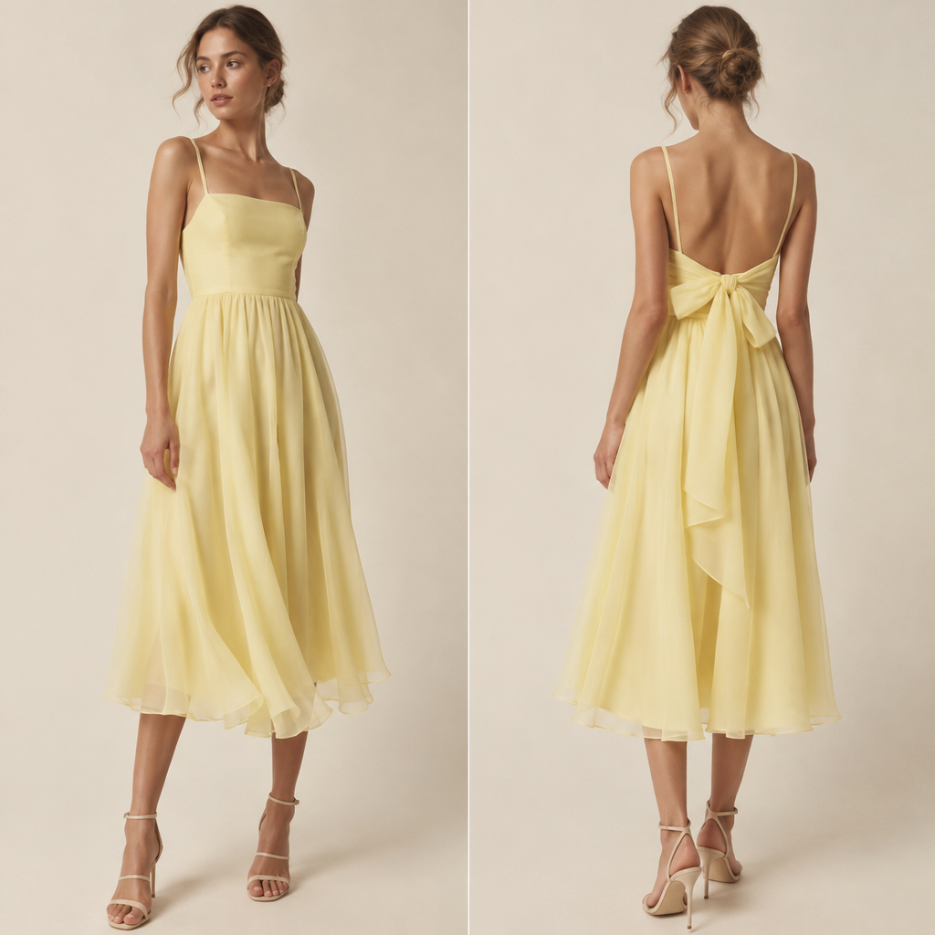 A Dress design, suitable for Summer. un vestito giallo chiaro molto leggero con dietro una chiusura a fiocco il vestito deve essere lungo fino a sotto le ginocchia Present it as professional fashion catalogue photography: the garment is the subject, shown full-length with editorial styling, neutral posing and tasteful, non-suggestive framing.
photorealistic fashion design, A Dress design, suitable for Summer. un vestito giallo chiaro molto leggero con dietro una chiusura a fiocco il vestito deve essere lungo fino a sotto le ginocchia Present it as professional fashion catalogue photography: the garment is the subject, shown full-length with editorial styling, neutral posing and tasteful, non-suggestive framing., just the design no text