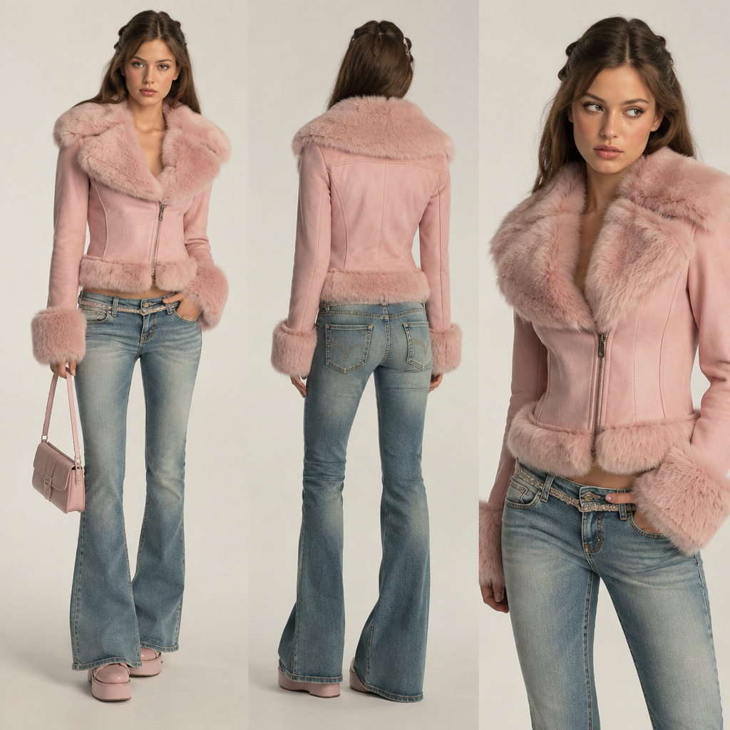 photorealistic fashion design, A Female Jacket design, in Y2K style. Turkey fashion aesthetics. Present it as professional fashion catalogue photography: the garment is the subject, shown full-length with editorial styling, neutral posing and tasteful, non-suggestive framing., y2k style, just the design no text. Refinement: ceketi toz pembe yap
photorealistic fashion design, photorealistic fashion design, A Female Jacket design, in Y2K style. Turkey fashion aesthetics. Present it as professional fashion catalogue photography: the garment is the subject, shown full-length with editorial styling, neutral posing and tasteful, non-suggestive framing., y2k style, just the design no text. Refinement: ceketi toz pembe yap, just the design no text