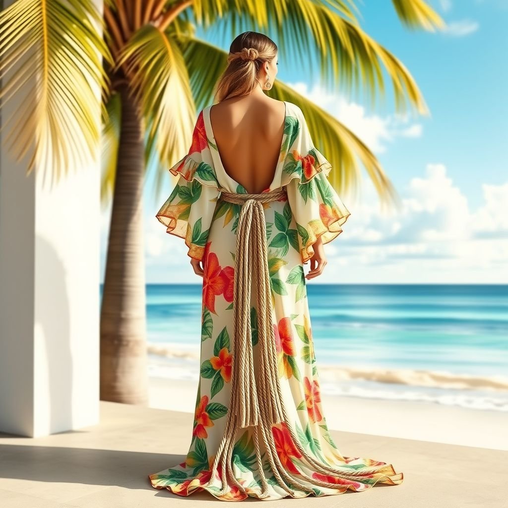 Long train in the back, ruffles in hand to look like a kimono, different colors thight in waist, low v cut and rope around waist that is long to knees
Design a luxurious resort wear ensemble featuring a flowing long train cascading elegantly from the back. The lightweight fabric showcases vibrant tropical colors, accentuated by playful ruffles at the sleeves, reminiscent of a kimono. A low V-cut neckline pairs with a cinched waist, adorned by a long, decorative rope belt cascading to the knees, combining elegance with bohemian flair perfect for a sun-kissed getaway.