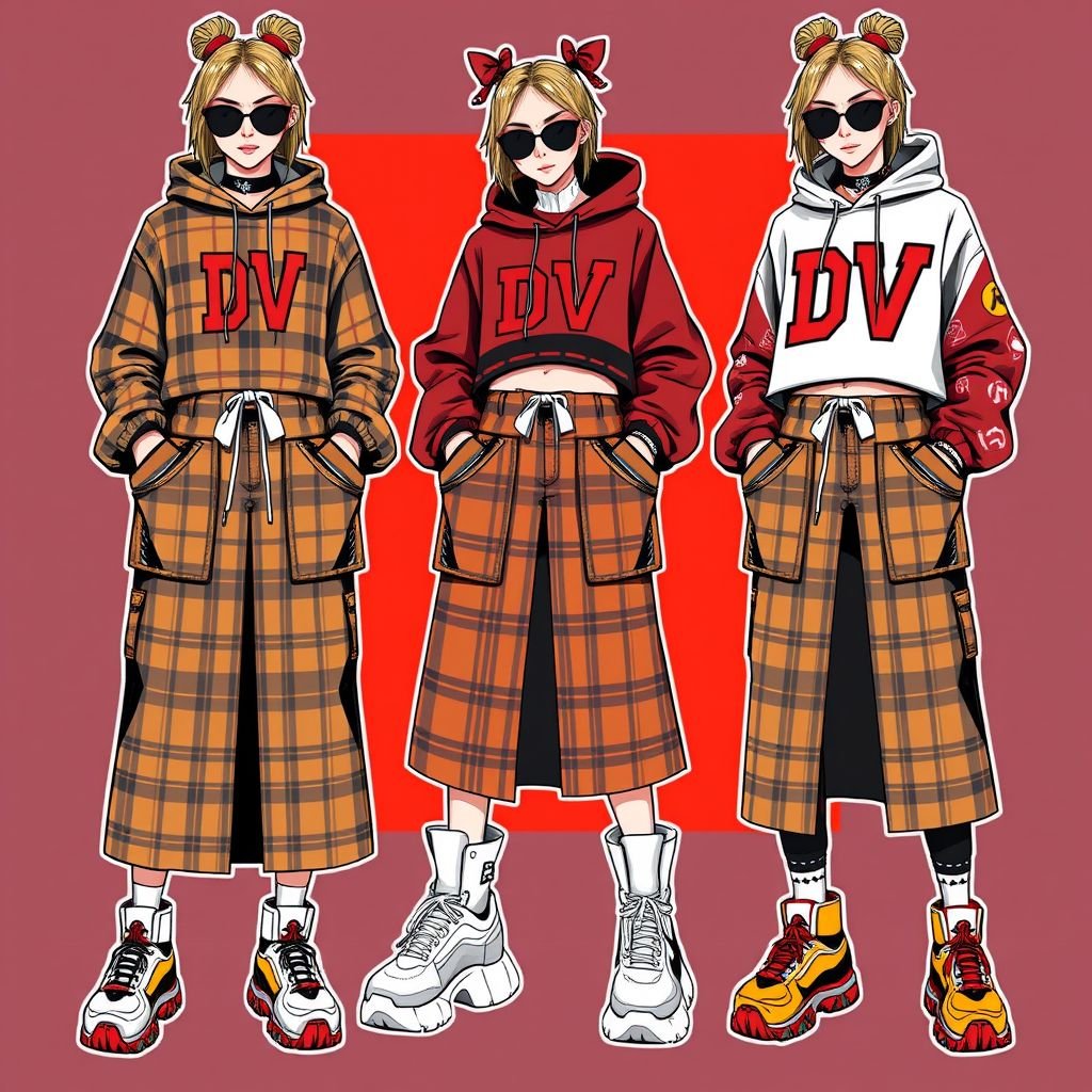 Plaid maxi skirt with pockets and bows tied to skirt , that say “DV” embroidery on skirt
Design a bold streetwear ensemble featuring a plaid maxi skirt adorned with oversized pockets and playful bows tied at the waist. Incorporate “DV” embroidery in contrasting colors for a striking statement. Pair with a graphic cropped hoodie, chunky sneakers, and layered accessories for an edgy, urban look that exudes confidence.