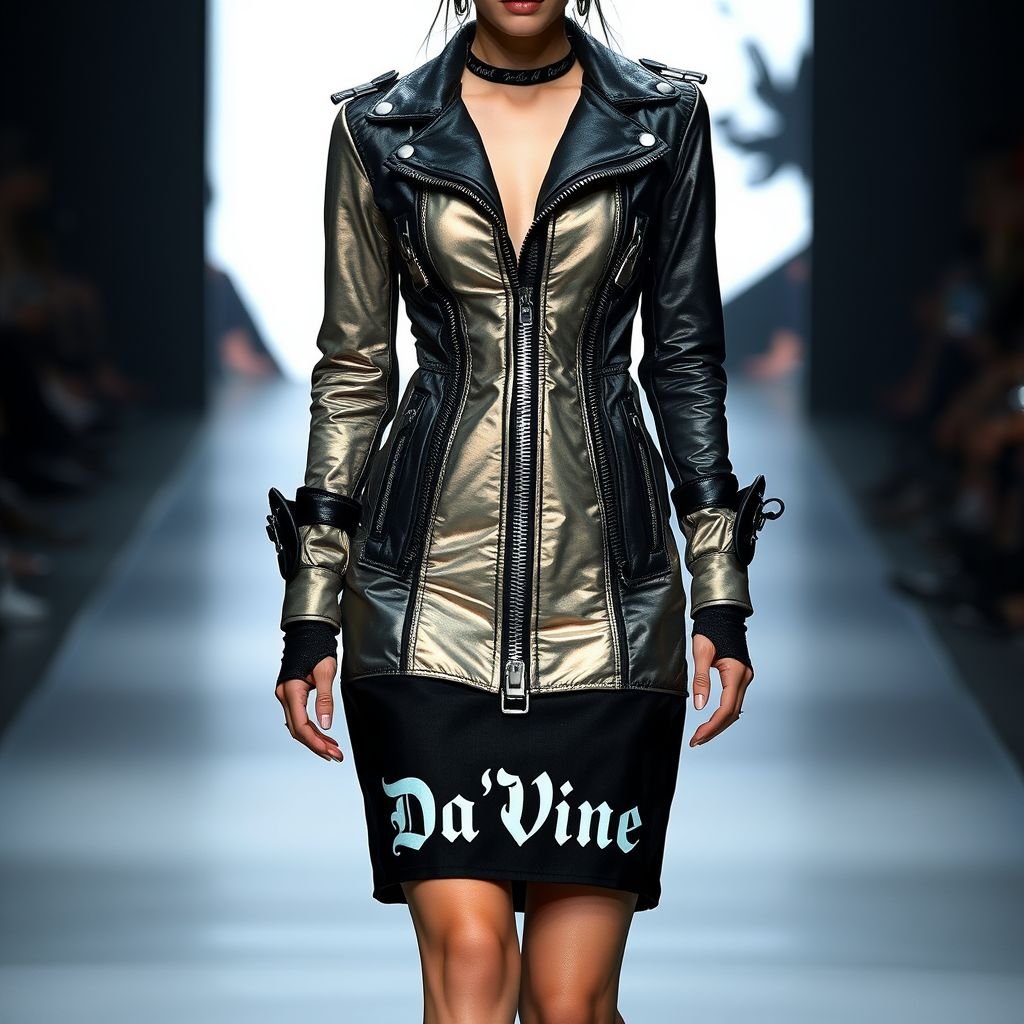 Create me a runway dress, with big zippers hanging all over it, put “Da’Vine” in the bottom right corner
Design a bold, avant-garde runway dress dripping with rebellious flair. Incorporate oversized, strategically placed zippers that command attention and add an industrial vibe. Use a mix of iridescent fabrics and raw textures, pairing stark black and metallic accents. Embellish the hem with a striking “Da’Vine” logo, exuding fierce sophistication.