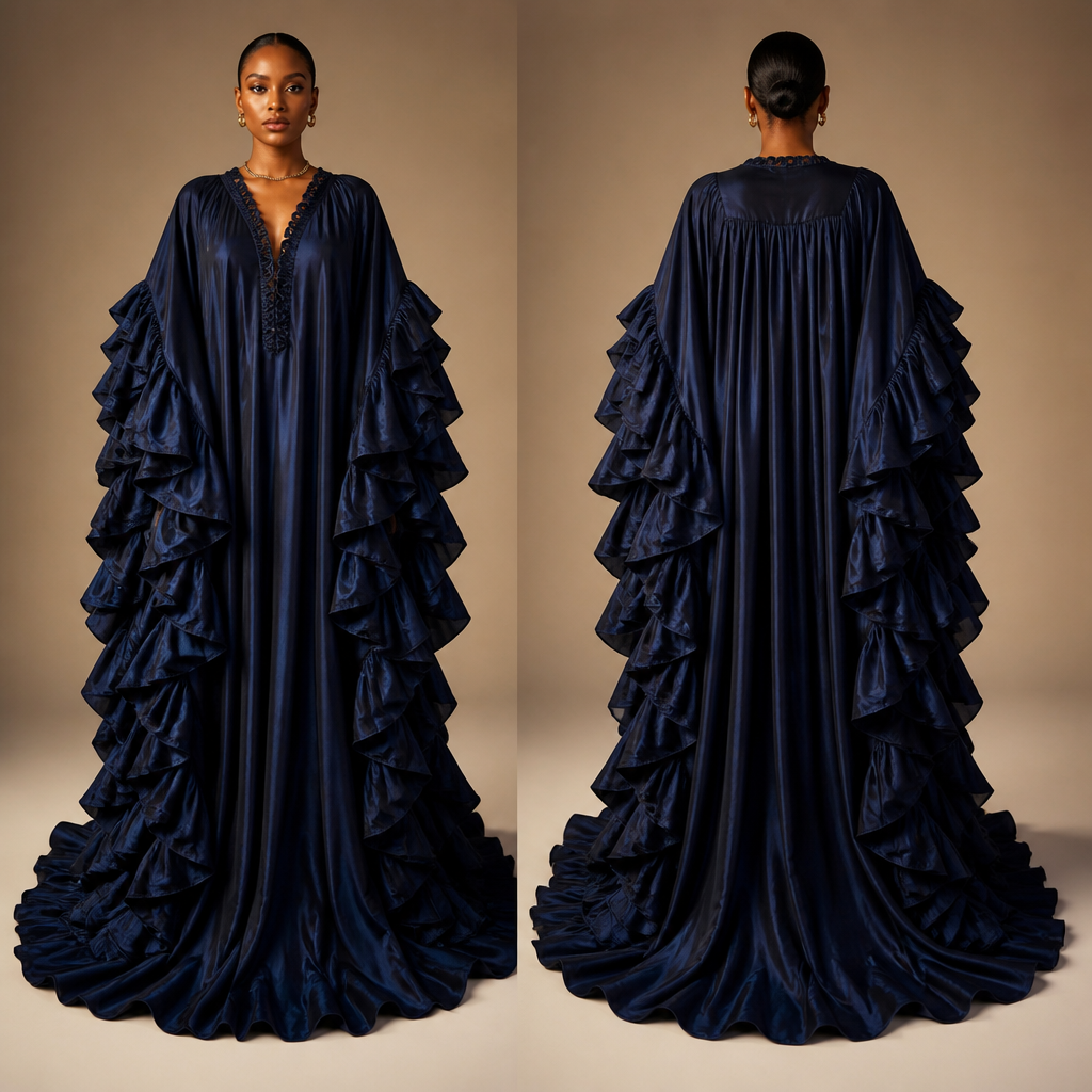 Create a shadda boubou for women, with HA as ruffles on the hand down to flour trail, make it the first one everyone has ever seen
photorealistic fashion design, Create a shadda boubou for women, with HA as ruffles on the hand down to flour trail, make it the first one everyone has ever seen , just the design no text, show front and back