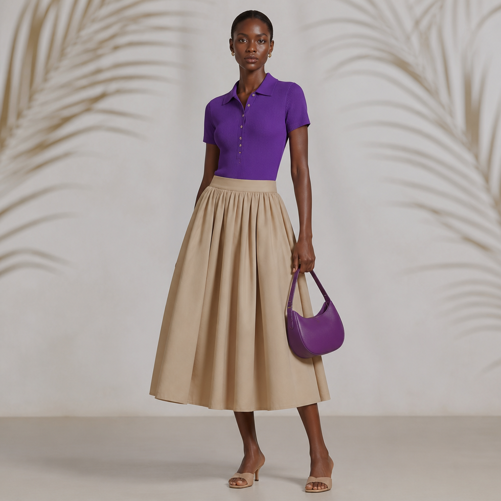 A Female Dress design, suitable for Summer. Create a dark model wearing a purple button t shirt with a nude flare gathered skirt, carrying a purple hand bag and a nude half shoe Present it as professional fashion catalogue photography: the garment is the subject, shown full-length with editorial styling, neutral posing and tasteful, non-suggestive framing.
photorealistic fashion design, A Female Dress design, suitable for Summer. Create a dark model wearing a purple button t shirt with a nude flare gathered skirt, carrying a purple hand bag and a nude half shoe Present it as professional fashion catalogue photography: the garment is the subject, shown full-length with editorial styling, neutral posing and tasteful, non-suggestive framing., just the design no text