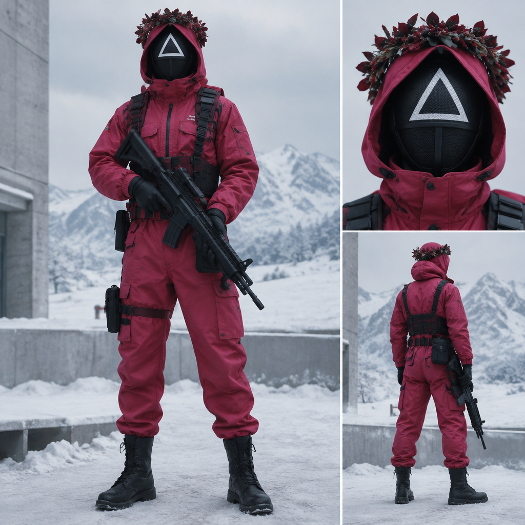photorealistic fashion design, A Male Dress design, suitable for Fall. охранник из игры кальмара треугольник🔺 голове венок в руках автомат мода зима ❄⛄ Present it as professional fashion catalogue photography: the garment is the subject, shown full-length with editorial styling, neutral posing and tasteful, non-suggestive framing., just the design no text. Refinement: охранник из игры кальмара🔺 треугольник
photorealistic fashion design, photorealistic fashion design, A Male Dress design, suitable for Fall. охранник из игры кальмара треугольник🔺 голове венок в руках автомат мода зима ❄⛄ Present it as professional fashion catalogue photography: the garment is the subject, shown full-length with editorial styling, neutral posing and tasteful, non-suggestive framing., just the design no text. Refinement: охранник из игры кальмара🔺 треугольник, just the design no text