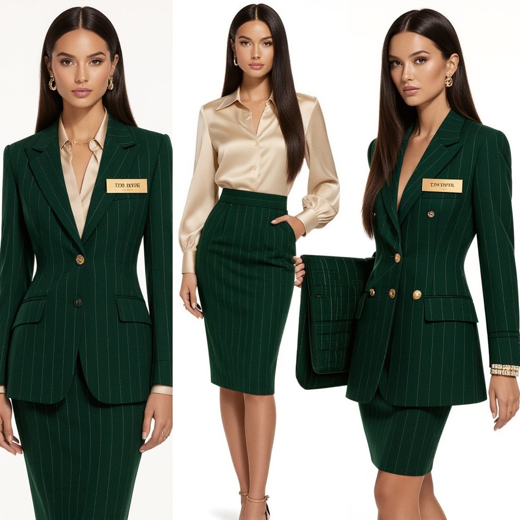 caramel brown girl wearing long black straight hair wearing emerald green pin stripe skirt and blazer with beige blouse underneath. (formal for courthouse appearance) also add gold name plate on top left of blazer saying TOP LWYR in big bold black writing (CLEAR & visible to read pls) add gold and diamond cuff links
Caramel brown girl, long black straight hair. Emerald green pinstripe skirt suit, tailored fit, beige silk blouse. Gold nameplate "TOP LWYR" on left lapel. Gold and diamond cufflinks. Formal, courthouse appearance.