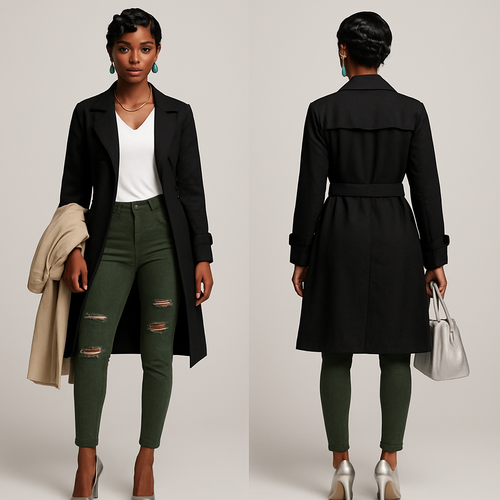 Black woman 
Finger waves 
White v neck short sleeve 
Gold necklace 
Tight Green ripped jeans 
Black trench 
Green earrings 
Silver heels 
Beige trench coat silver handbag