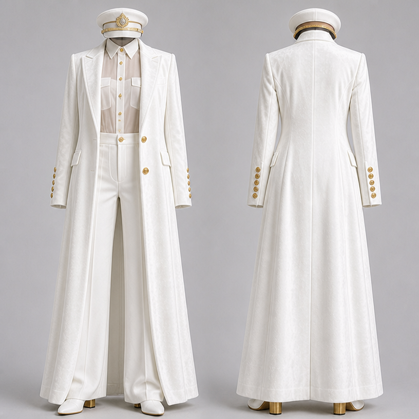 Make pants longer make this velvet hat all white velvet and the buttons gold , blouse sheer two pockets where breast should be make the whole suite white velvet and
edit the attached fashion design with these instructions: Make pants longer make this velvet hat all white velvet and the buttons gold , blouse sheer two pockets where breast should be make the whole suite white velvet and. keep it photorealistic, just the design no text