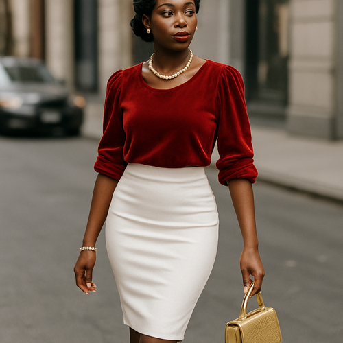 Black woman 
Finger waves
Red velvet blouse sleeves rolled up 
Tight white skirt 
Beige heels
 Gold handbag 
Pearl necklace and bracelet 
Gold earrings 
