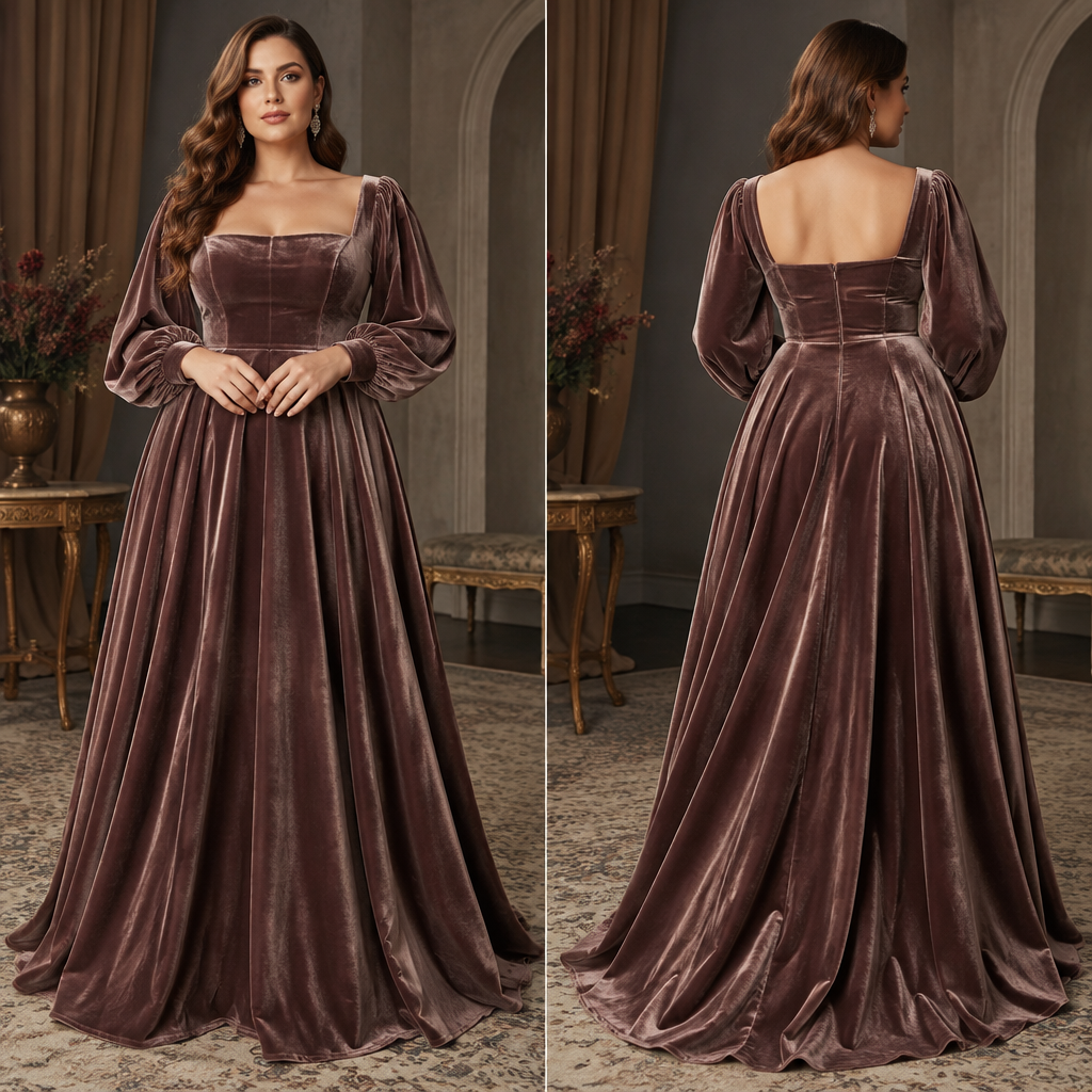A Female Dress design, made of Velvet, with a rich, textured surface, with a Flared silhouette, in a Muted & Dusty color palette, suited to a Cold climate, in Luxury + Designer style, shown on a model with fair skin and a curvy figure Present it as professional fashion catalogue photography: the garment is the subject, shown full-length with editorial styling, neutral posing and tasteful, non-suggestive framing.
photorealistic fashion design, A Female Dress design, made of Velvet, with a rich, textured surface, with a Flared silhouette, in a Muted & Dusty color palette, suited to a Cold climate, in Luxury + Designer style, shown on a model with fair skin and a curvy figure Present it as professional fashion catalogue photography: the garment is the subject, shown full-length with editorial styling, neutral posing and tasteful, non-suggestive framing., luxury style, just the design no text, show front and back