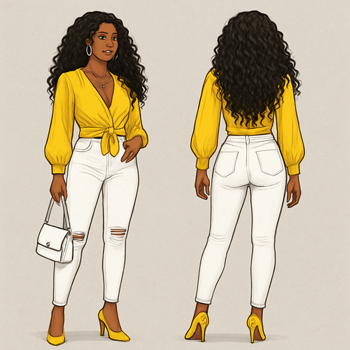 Black woman 
Long curls 
Yellow blouse 
White fitted pants with rips
Gold jewelry 
Yellow heels 
White purse 


