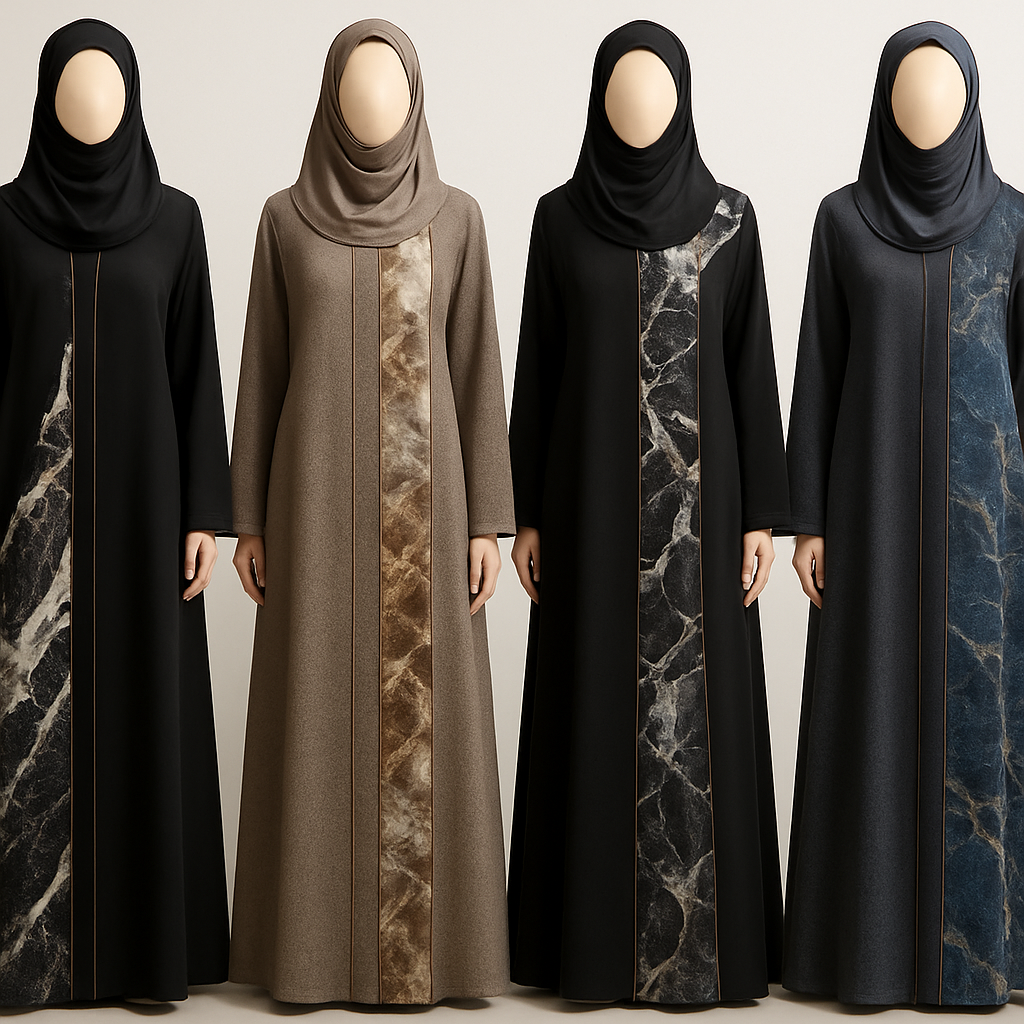 Create a modest abaya that's the first of its kind, featuring a unique stone design that exudes a classy and sophisticated vibe. I'd like four designs, each showcasing different styles and fabrics.
Incorporate high-end, unique chic stone designs to make them truly special.
Create a modest abaya that's the first of its kind, featuring a unique stone design that exudes a classy and sophisticated vibe. I'd like four designs, each showcasing different styles and fabrics.
Incorporate high-end, unique chic stone designs to make them truly special.