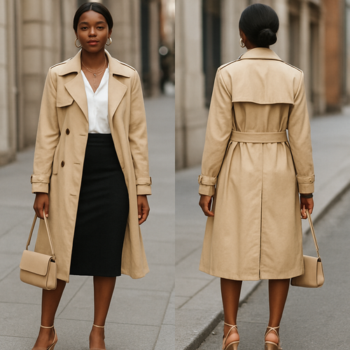 Black woman 
White blouse
Beige trench coat
Pencil skirt 
Silver jewelry thing high
String heels 
Beige  purse 
