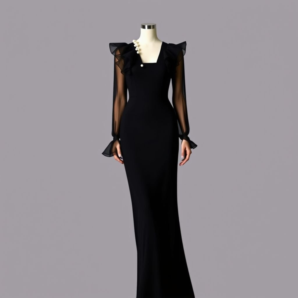 black long sleeve dress, and length should be up to her ankles/touching the floor, the dress should not be tight and not too flowy, and have a straight line of chiffon ruffles(with white pearls at the bottom line) lined up in straight lines up to her waist, the first line should be from the shoulders straight to the other shoulder and the rest should be below that in straight lines all the way to her waistline, the sleeves should not have the ruffles just that 1 line up at her shoulders, just the bottom of the sleeve should have 1 of that same ruffle (at the end of both sleeves)
Introduce an elegant, minimalist evening gown defined by a dramatic black silhouette. This ankle-length dress features strategic chiffon ruffles cascading in clean lines from shoulders to waist, adorned with delicate white pearls. The straight sleeves offer refined simplicity, with ruffles at their cuffs, creating a chic yet understated allure perfect for any sophisticated occasion.