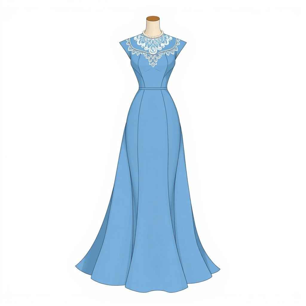 Blue dress
Design an elegant, floor-length blue dress inspired by classic vintage silhouettes. Incorporate a fitted bodice with delicate cap sleeves, a nipped waist, and a flowing A-line skirt. Highlight intricate lace detailing at the neckline, and include a subtle train for added drama. Pair with timeless pearl accessories for a sophisticated finish.