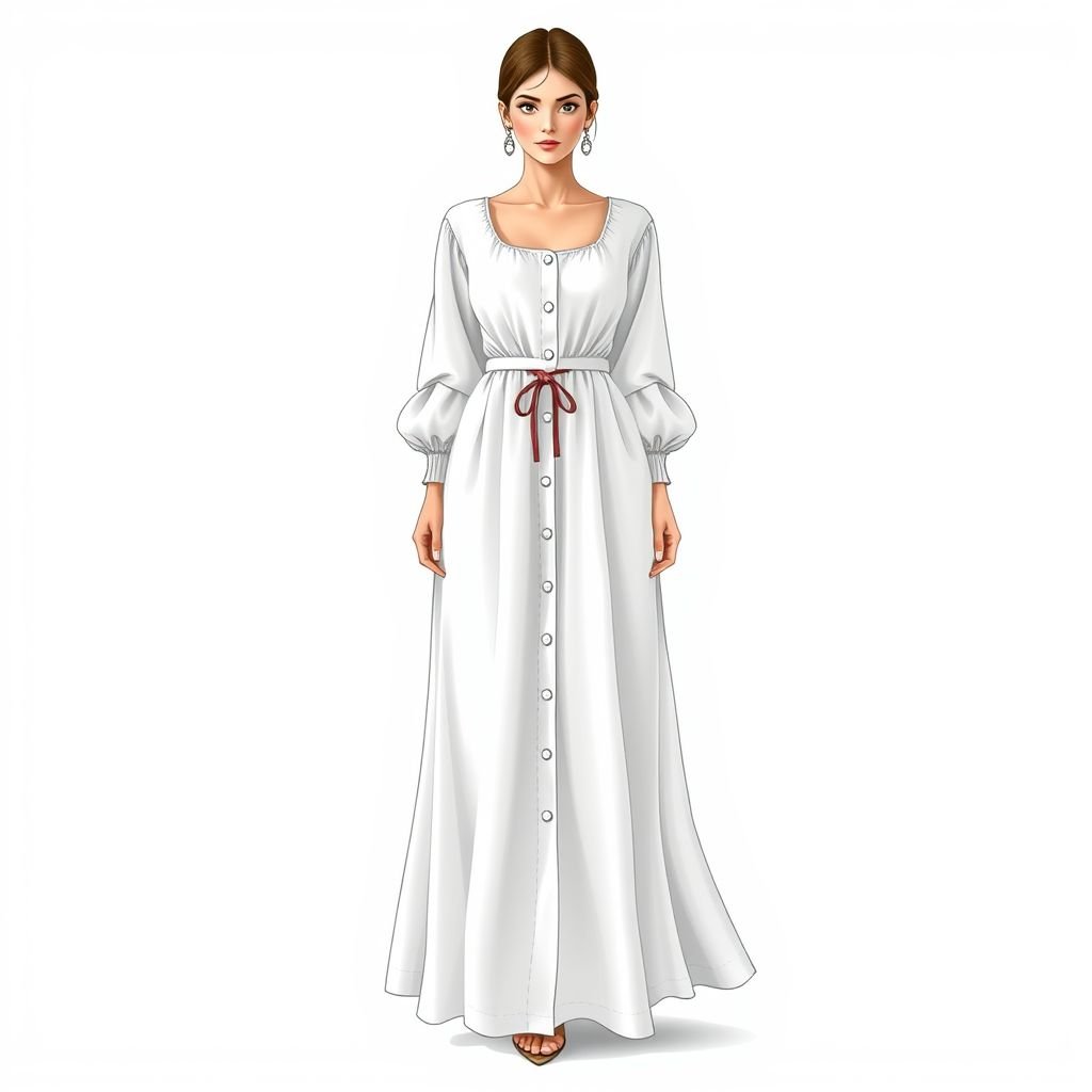 A summer dress with long sleeves ,with buttons in front all the way down in a maxi length. The back top of the dress must be shirred design so the bust area is a bit lose. The must be ties to the back so the waist will look smaller. The bottom of the dress from the waist down must be flowy . Show the front of the dress and th
Design an elegant summer maxi dress in classic style, featuring long sleeves and a button-front placket cascading down. The top boasts a shirred back for a relaxed fit at the bust and ties to accentuate a smaller waist. The skirt flows gracefully, embodying timeless femininity and sophistication.