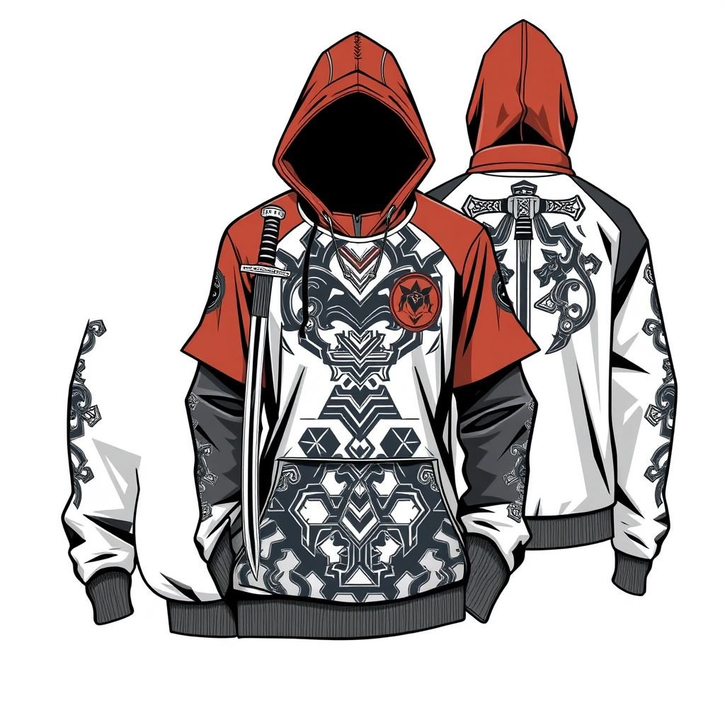 Shirt nd the hoodie wit the bowith 2 samurai swords on it
Design a streetwear-inspired oversized hoodie featuring intricate samurai sword prints on the front and back. The shirt underneath is a cropped, high-neck style with geometric patterns reminiscent of traditional Japanese textiles. Bold colors merge with subtle metallic accents, creating a unique blend of modern and classic warrior aesthetics, perfect for urban environments.