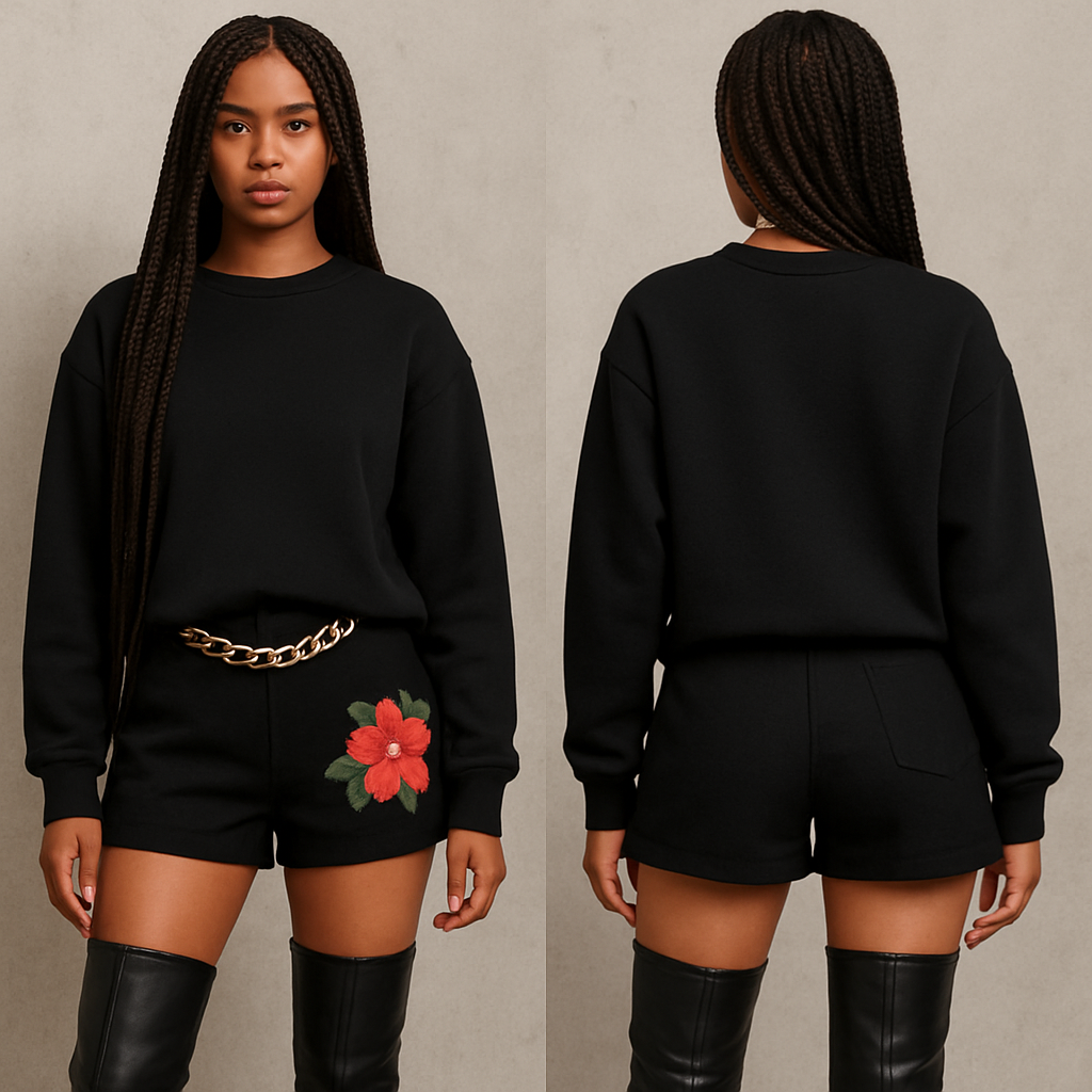 Sweater shirt black shorts gold chain on shorts flower on the shorts box braids thigh high boots
Sweater shirt black shorts gold chain on shorts flower on the shorts box braids thigh high boots , streetwear style, show front and back