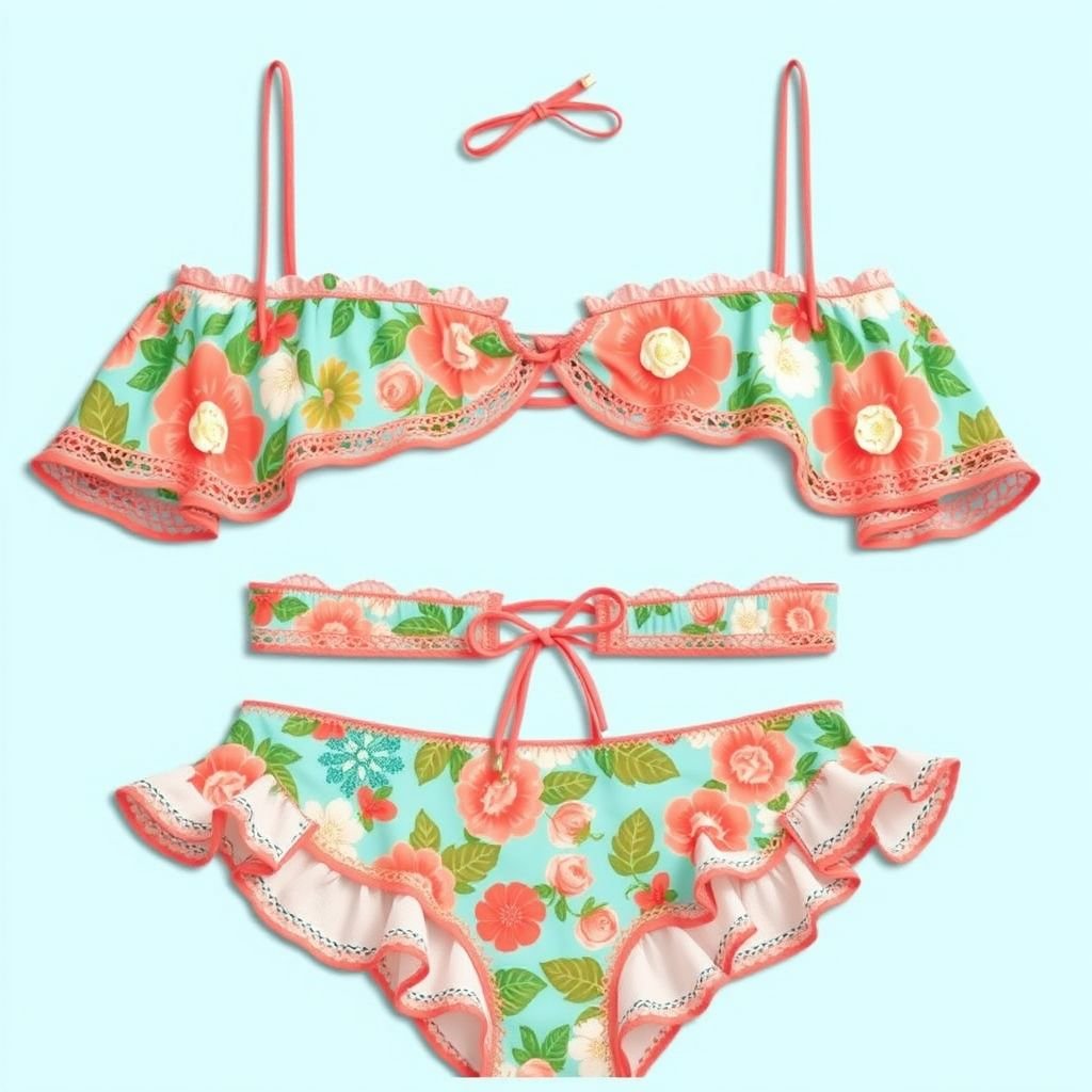 בגד ים ביקיני בסגנון של צימרמן
Design a vibrant summer bikini inspired by Zimmermann’s bohemian aesthetic. Incorporate intricate floral patterns and delicate lace trims, featuring bold colors like sun-kissed coral and turquoise. The bikini top should present a flirty off-shoulder style, while the bottoms boast playful ruffles, capturing the essence of carefree, sun-soaked beach days.
