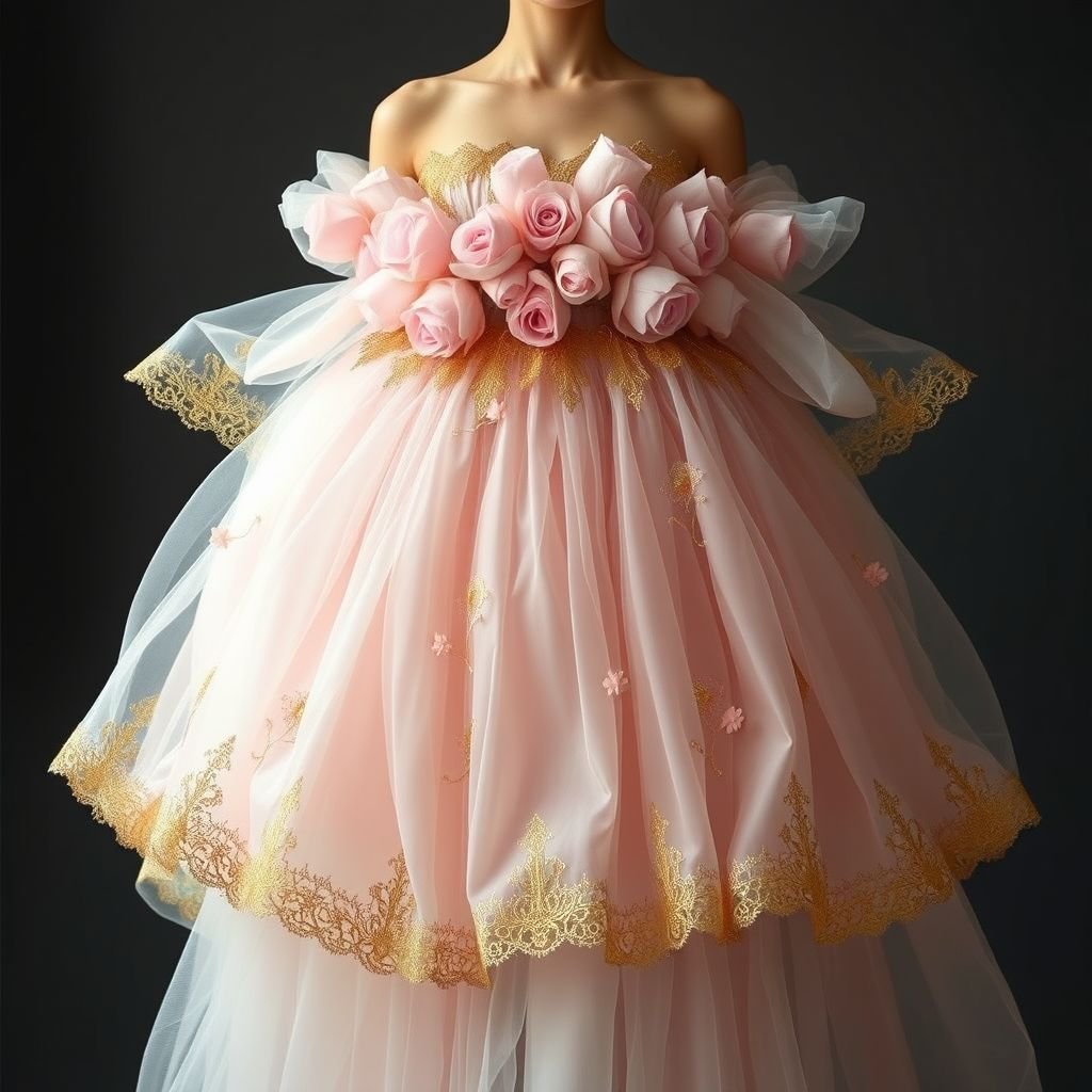 复古风蓬蓬裙,洛可可,粉色,金色,玫瑰花, 蕾丝花边,真丝雪纺
Imagine a whimsical Rococo-inspired fashion piece: a voluminous pastel pink puff skirt adorned with delicate golden lace trim and cascading layers of soft silk chiffon. Delicate rose motifs intertwine with the fabric, creating an ethereal effect. The ensemble features an off-shoulder bodice, evoking vintage elegance infused with romantic charm and femininity.