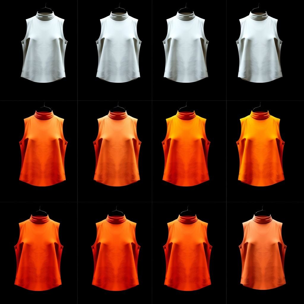 Create an image featuring 12 high-neck, sleeveless shirts. Each shirt should be a solid color, with shades gradually transitioning from white to orange. The first shirt should be white, and the last should be orange, with the others representing intermediate shades. Ensure that the colors are distinct and plain, without any mixing or patterns.
Envision a runway display showcasing 12 high-neck, sleeveless shirts, each in a smooth gradient from pristine white to vibrant orange. Crafted from luxurious, breathable fabrics, they feature minimalist silhouettes emphasizing clean lines. Textured finishes on each piece elegantly catch the light, creating a dynamic ombre effect; a stunning visual journey of color and style.