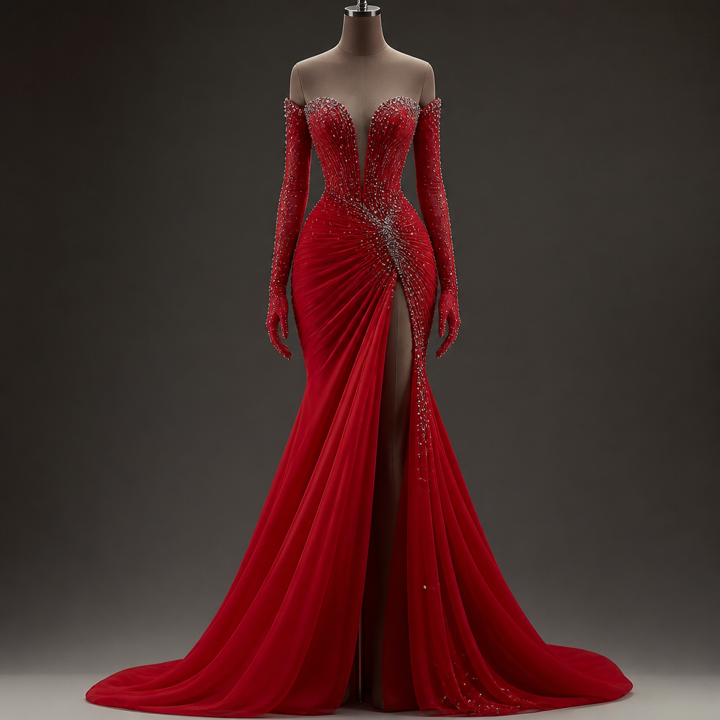 A Female Dress design, in Glamorous style. vestidos rojos con guantes y pedrería. NI fashion aesthetics.
photorealistic fashion design, A Female Dress design, in Glamorous style. vestidos rojos con guantes y pedrería. NI fashion aesthetics., glamorous style, just the design no text