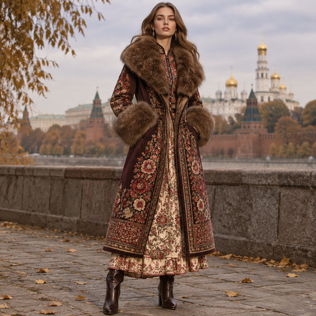 A Female Dress design, suitable for Fall. Consider Russian fashion — fur and layering traditions, bold patterns, mix of European elegance and Slavic folk motifs. Current season is Autumn in Russia. Present it as professional fashion catalogue photography: the garment is the subject, shown full-length with editorial styling, neutral posing and tasteful, non-suggestive framing.
photorealistic fashion design, A Female Dress design, suitable for Fall. Consider Russian fashion — fur and layering traditions, bold patterns, mix of European elegance and Slavic folk motifs. Current season is Autumn in Russia. Present it as professional fashion catalogue photography: the garment is the subject, shown full-length with editorial styling, neutral posing and tasteful, non-suggestive framing., just the design no text