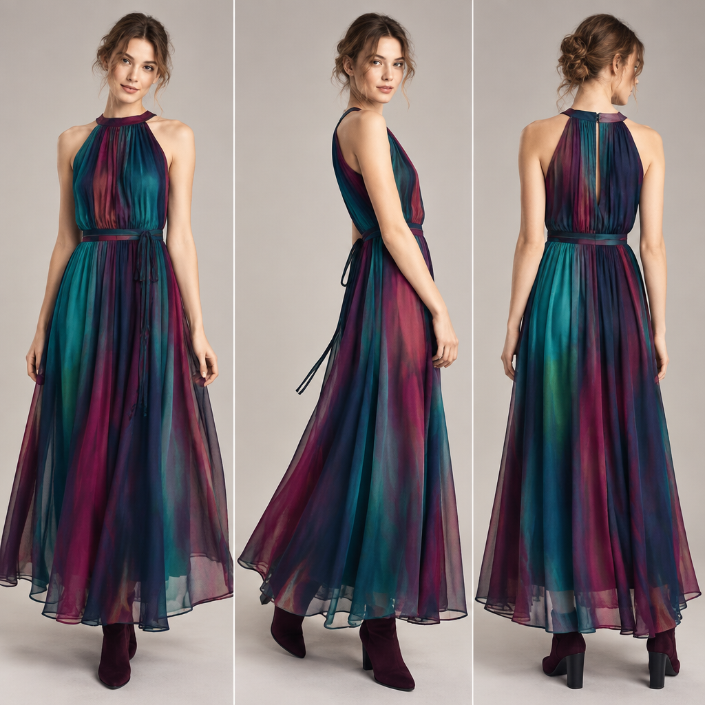 A Dress design, with a light, flowing drape, with a Flared silhouette, in a Jewel Tones color palette, shown on a model with fair skin and a petite figure. Consider American fashion — diverse and trend-driven, casual-cool, athleisure influence, regional variety from NYC sophistication to LA relaxed. Current season is Autumn in United States. Present it as professional fashion catalogue photography: the garment is the subject, shown full-length with editorial styling, neutral posing and tasteful, non-suggestive framing.
photorealistic fashion design, A Dress design, with a light, flowing drape, with a Flared silhouette, in a Jewel Tones color palette, shown on a model with fair skin and a petite figure. Consider American fashion — diverse and trend-driven, casual-cool, athleisure influence, regional variety from NYC sophistication to LA relaxed. Current season is Autumn in United States. Present it as professional fashion catalogue photography: the garment is the subject, shown full-length with editorial styling, neutral posing and tasteful, non-suggestive framing., just the design no text