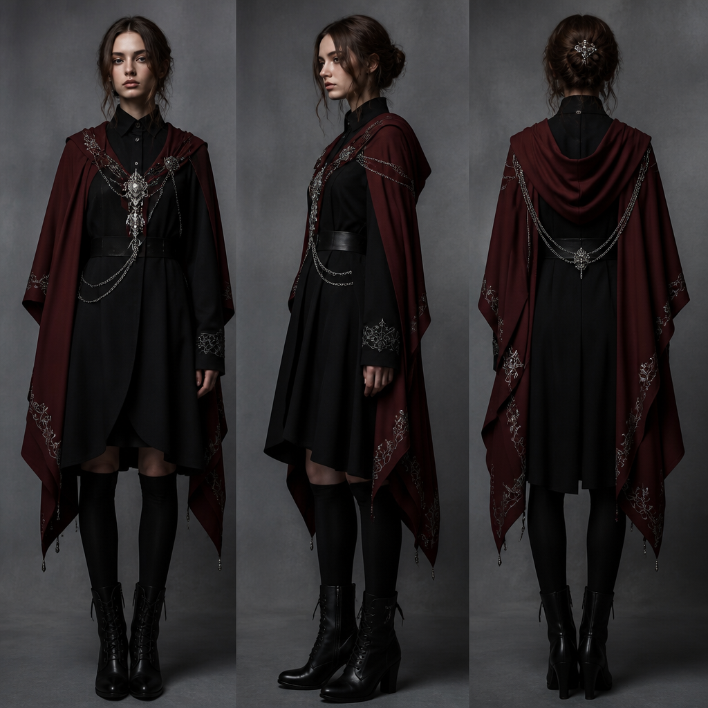 A Female fashion design. روب تخرج بستايل Dark academia couple aesthetic gothic
روب للركبة اسود سواد فاحم
الوشاح المنسدل والي على الاكتاف بلون احمر قرمزي
مع البروشة والسلاسل بلون فضي
تصميم فخم. IQ fashion aesthetics. Present it as professional fashion catalogue photography: the garment is the subject, shown full-length with editorial styling, neutral posing and tasteful, non-suggestive framing.
photorealistic fashion design, A Female fashion design. روب تخرج بستايل Dark academia couple aesthetic gothic
روب للركبة اسود سواد فاحم
الوشاح المنسدل والي على الاكتاف بلون احمر قرمزي
مع البروشة والسلاسل بلون فضي
تصميم فخم. IQ fashion aesthetics. Present it as professional fashion catalogue photography: the garment is the subject, shown full-length with editorial styling, neutral posing and tasteful, non-suggestive framing., just the design no text