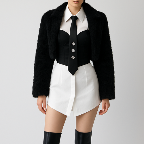 Can you do a white fitted shirt dress with a large collar, with a black slightly crop corset top with thin straps over it, and a black tie with knee high boots
Longer corset with cup details and the shirt dress slightly shorter coming down in a slight v shape at the front and three big jewels going down vertically on the tie
Remove lines on shirt and hide buttons
Shirt slightly shorter
Can you put a crop black furry faux jacket over it
