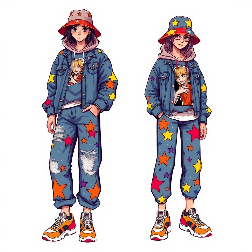 Baggy jeans with stars
Design an edgy streetwear outfit featuring oversized baggy jeans adorned with bold, colorful star prints that capture the urban spirit. Pair them with a distressed graphic hoodie showcasing street art, layered under an oversized denim jacket. Complete the look with chunky sneakers and a vibrant bucket hat for a playful yet stylish vibe.