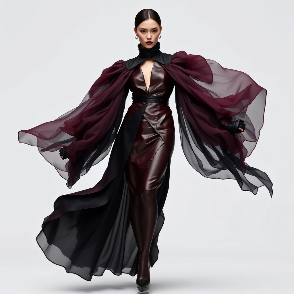 Merlot, black, white, leather, chiffon, high-low, victorian sleeves
Design an avant-garde ensemble that juxtaposes deep Merlot leather with ethereal chiffon in dramatic high-low cuts. Incorporate exaggerated Victorian sleeves, flowing elegantly to create a striking silhouette. Use bold black accents to amplify the contrasts, resulting in a visionary piece that redefines sophistication and challenges conventional fashion norms.