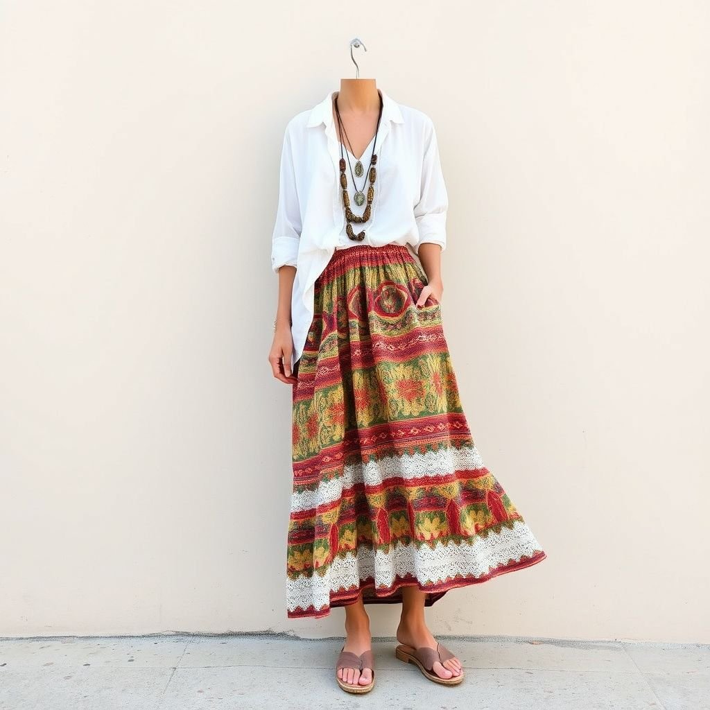 Cotton summer Resort pencil skirt clean shiv and shirt and wear style channel chic comfy
Design a boho chic summer resort outfit featuring a flowy cotton pencil skirt adorned with vibrant tribal prints and delicate lace trims. Pair it with a breezy, oversized white cotton shirt, slightly tucked in for a relaxed look. Complete with layered statement necklaces and strappy sandals for a laid-back, effortlessly chic vibe.