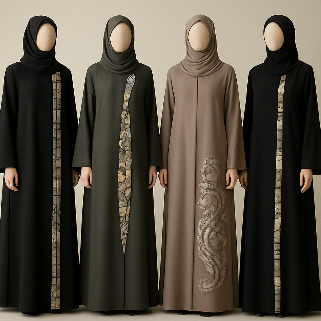 Create a modest abaya that's the first of its kind, featuring a unique stone design that exudes a classy and sophisticated vibe. I'd like four designs, each showcasing different styles and fabrics.
Incorporate high-end, unique chic stone designs to make them truly special. Add a little sophisticated stone work to it.

Create a modest abaya that's the first of its kind, featuring a unique stone design that exudes a classy and sophisticated vibe. I'd like four designs, each showcasing different styles and fabrics.
Incorporate high-end, unique chic stone designs to make them truly special. Add a little sophisticated stone work to it.
