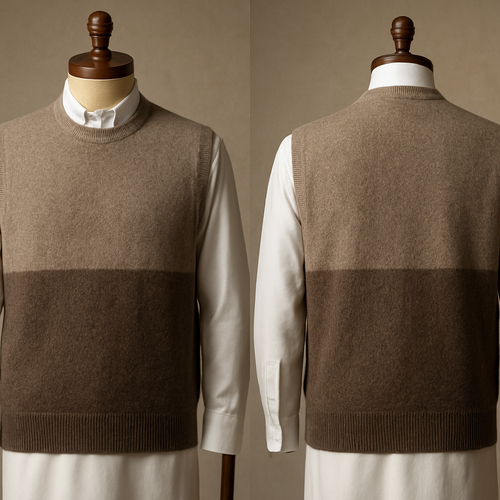 ‏Prompt 4 — Tonal Texture (Taupe / Deep Brown)
‏Photorealistic two-tone cashmere vest, understated luxury, top Taupe and bottom Deep Brown; soft slub texture on lower panel, narrow refined rib at hem and armholes; discreet inner heritage jacquard; styled above a white Saudi thobe visible underneath; shown on an upscale polished wooden mannequin; soft directional light; high-detail textile photography.
