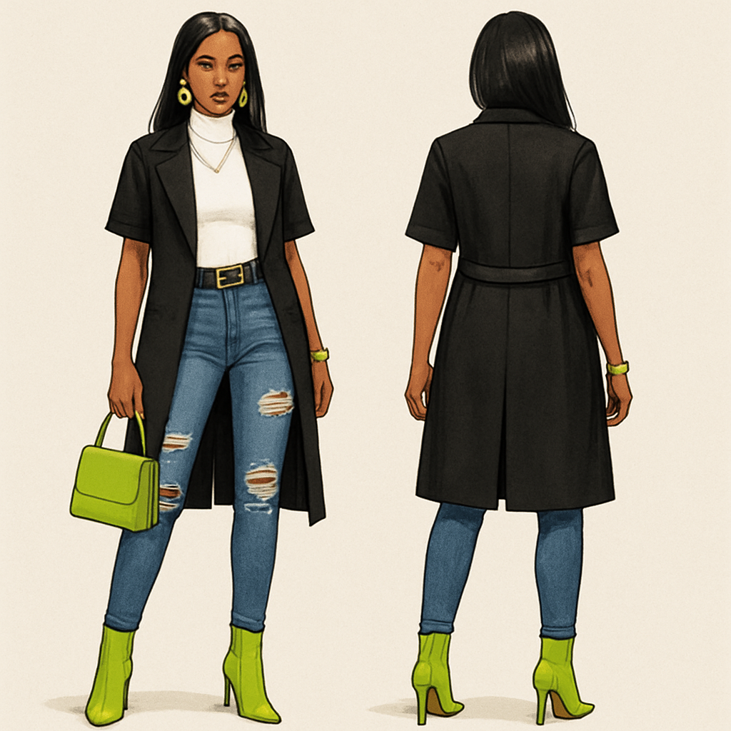 White turtleneck short sleeves black trench coat
Fitted ripped jeans
Gold belt on pants
Gold necklace
Lime Heel boots
Lime green earrings and bracelet
Sew in
Lime green purse
White turtleneck short sleeves black trench coat
Fitted ripped jeans
Gold belt on pants
Gold necklace
Lime Heel boots
Lime green earrings and bracelet
Sew in
Lime green purse , streetwear style, show front and back