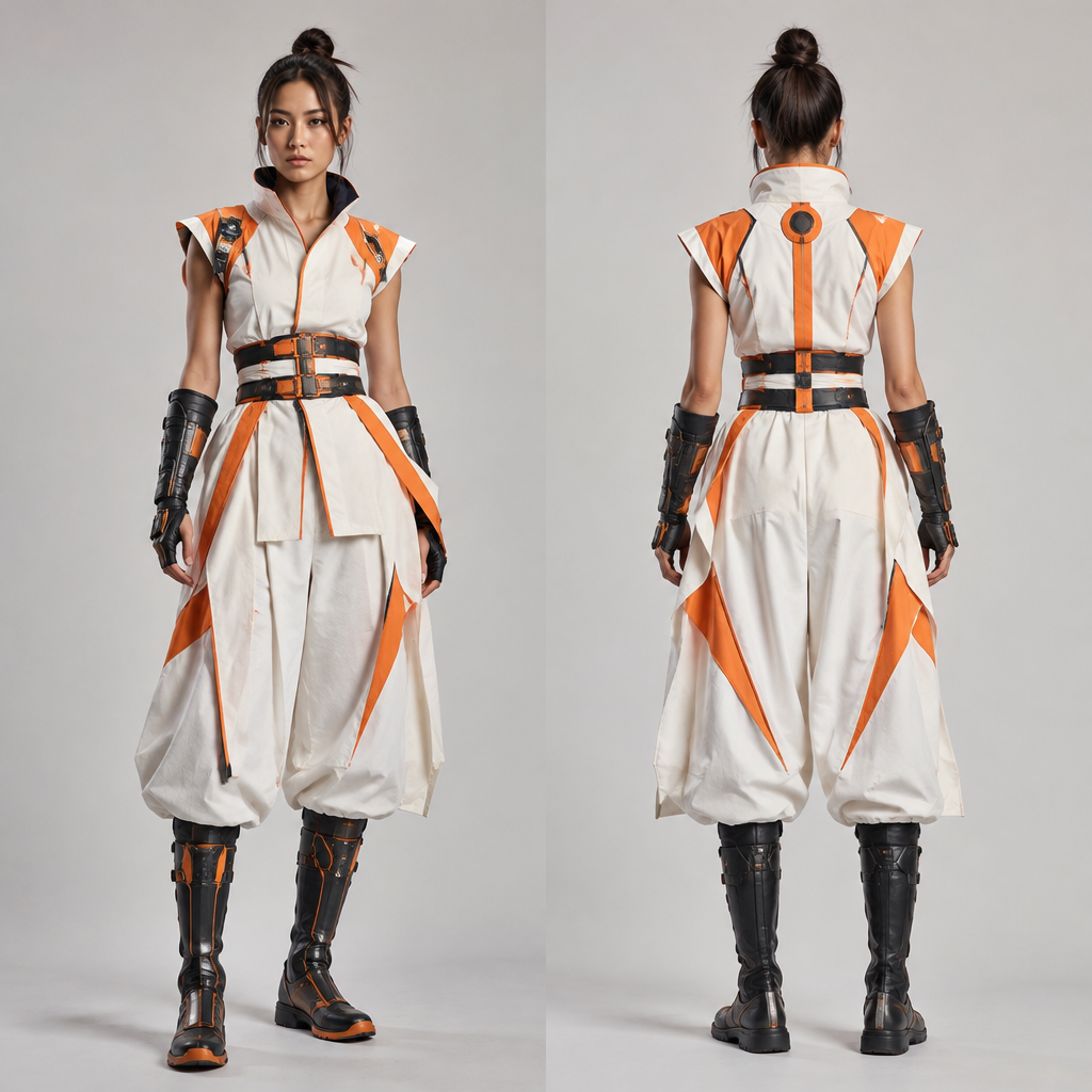 A Y2k Video Game Futurism Karate outfit Akira Toriyama Style but with Hakam Style Pants and Knee High boots Present it as professional fashion catalogue photography: the garment is the subject, shown full-length with editorial styling, neutral posing and tasteful, non-suggestive framing.
photorealistic fashion design, A Y2k Video Game Futurism Karate outfit Akira Toriyama Style but with Hakam Style Pants and Knee High boots Present it as professional fashion catalogue photography: the garment is the subject, shown full-length with editorial styling, neutral posing and tasteful, non-suggestive framing., just the design no text, show front and back