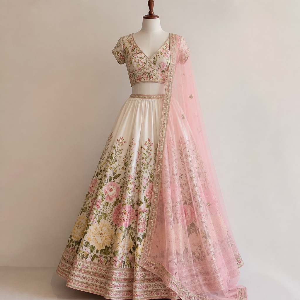 A Female Dress design, suitable for Summer, in Indian style. half saree
cotton lehenga and blouse
net duppata. India fashion aesthetics.
photorealistic fashion design, A Female Dress design, suitable for Summer, in Indian style. half saree
cotton lehenga and blouse
net duppata. India fashion aesthetics., indian style, just the design no text