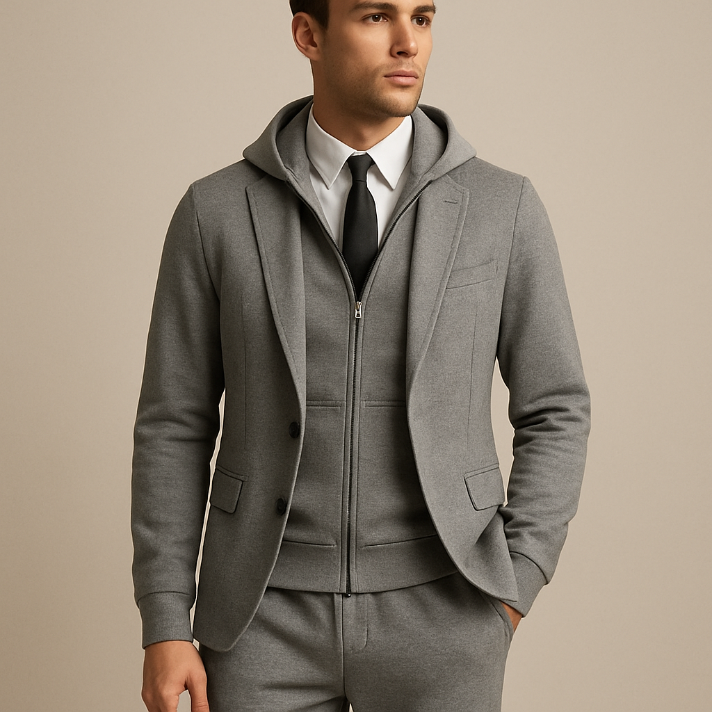 Sweatsuit mixed with buisness suits but still sport with vest instead in jacket, no hoodie
Sweatsuit mixed with buisness suits but still sport with vest instead in jacket, no hoodie, business style