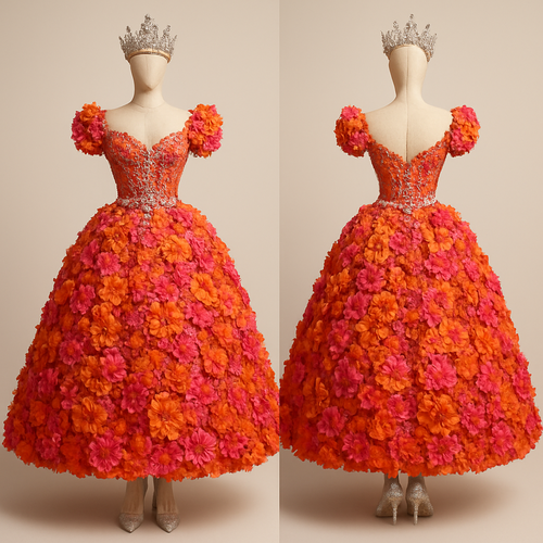 A beautiful orange and hot pink dress with a silhouette, all hourglass figure and bunches and bunches of flowers and the hottest pinkest oranges colors of all the most beautiful diamond, crested, headband and belt and beautiful glass, crystal slippers and every diamond you could ever on a mannequin