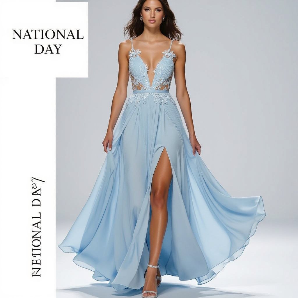 National day
**Original:** National day.
**Enhanced:** National day. Model in a flowing chiffon gown, adorned with delicate lace accents and a high slit, for a touch of elegance.