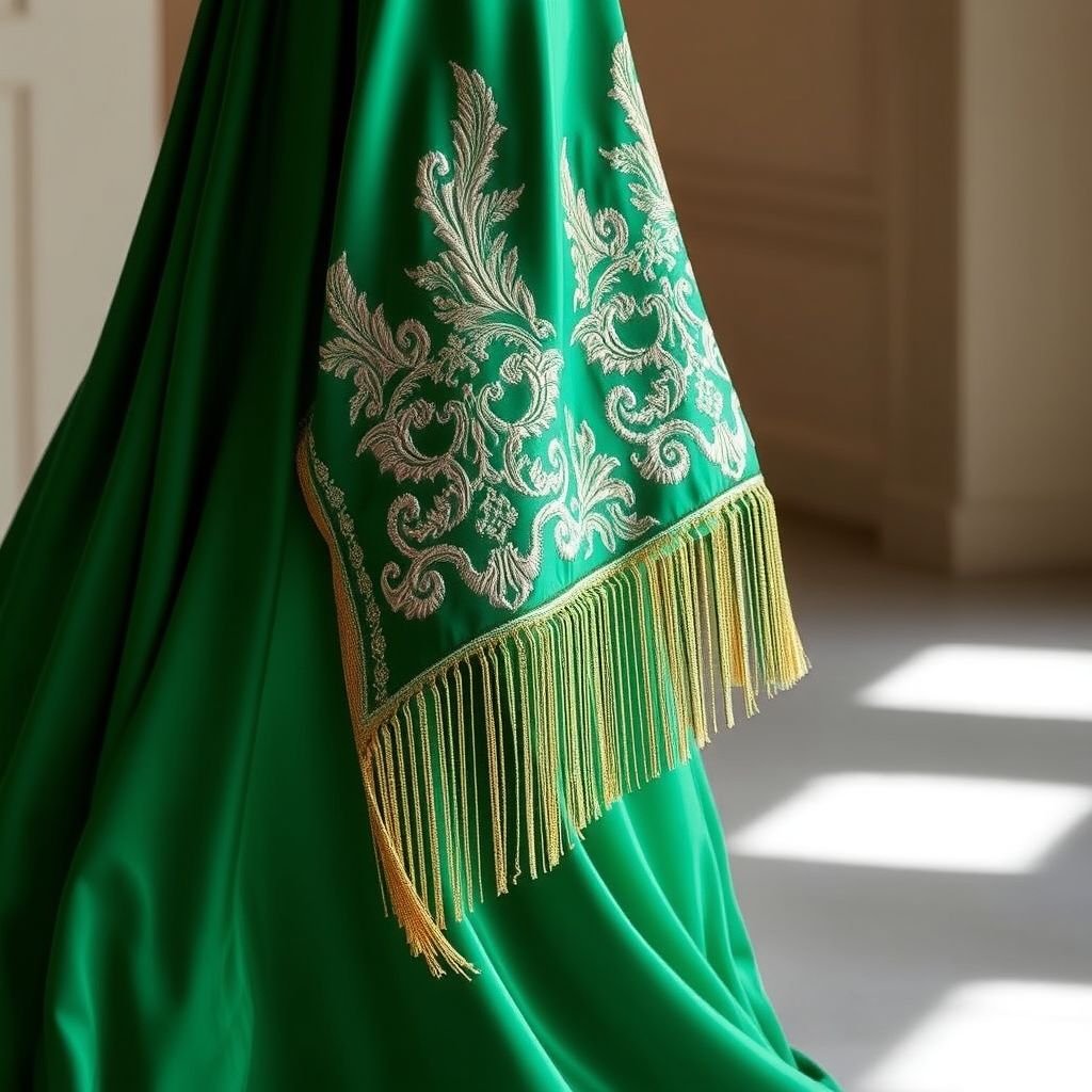 Envision an abaya of the richest emerald green, crafted from a flowing, luxurious fabric. The embroidery is a captivating display of artistry, featuring bold, eye-catching patterns. Swirling, golden threads intertwine with shimmering silver, creating a mesmerizing design that draws the eye. The embroidery is strategically placed along the sleeves and hem, adding a touch of glamour.
Imagine an opulent abaya in rich emerald green, flowing gracefully with each movement. The luxurious fabric glimmers under light, while intricate embroidery of bold, asymmetrical patterns in gold and silver thread accentuates the sleeves and hem. Cascading fringe details enhance the elegance, creating an alluring silhouette that exudes sophistication and drama.